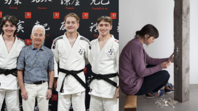 À gauche, Roger Tremblay est accompagné d’athlètes du Judokas Jonquière et à droite Magali Baribeau-Marchand est en pleine création lors d’une résidence d’artistes à Saint-Jean-Port-Joli. (Photos : Judokas Jonquière et Jean-Sébastien Veilleux)