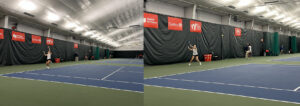 Deux photos côte à côte. À gauche : une joueuse de tennis s'apprête à servir, au milieu de son geste de lancer de balle. À droite : Une joueuse de tennis s'apprête à renvoyer une balle d'un coup droit.